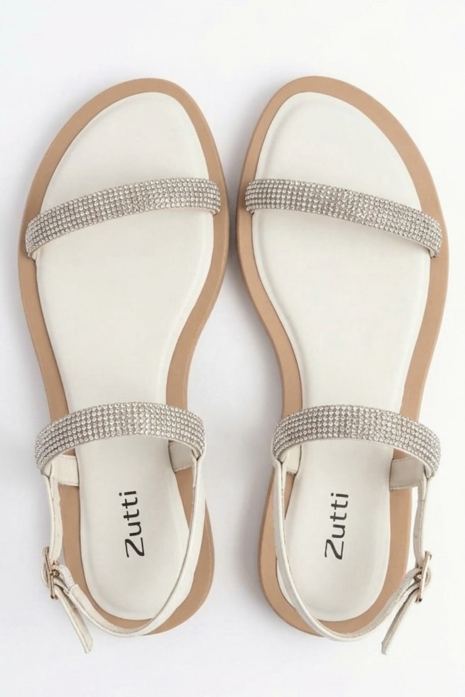 Ágata - Sandália Rasteira Brilho Off White