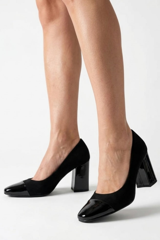 Estela - Scarpin Nobuck Salto Bloco Verniz Preto