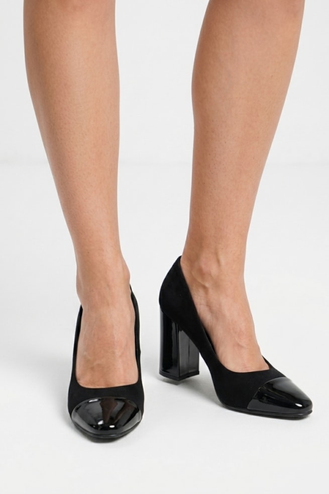 Estela - Scarpin Nobuck Salto Bloco Verniz Preto