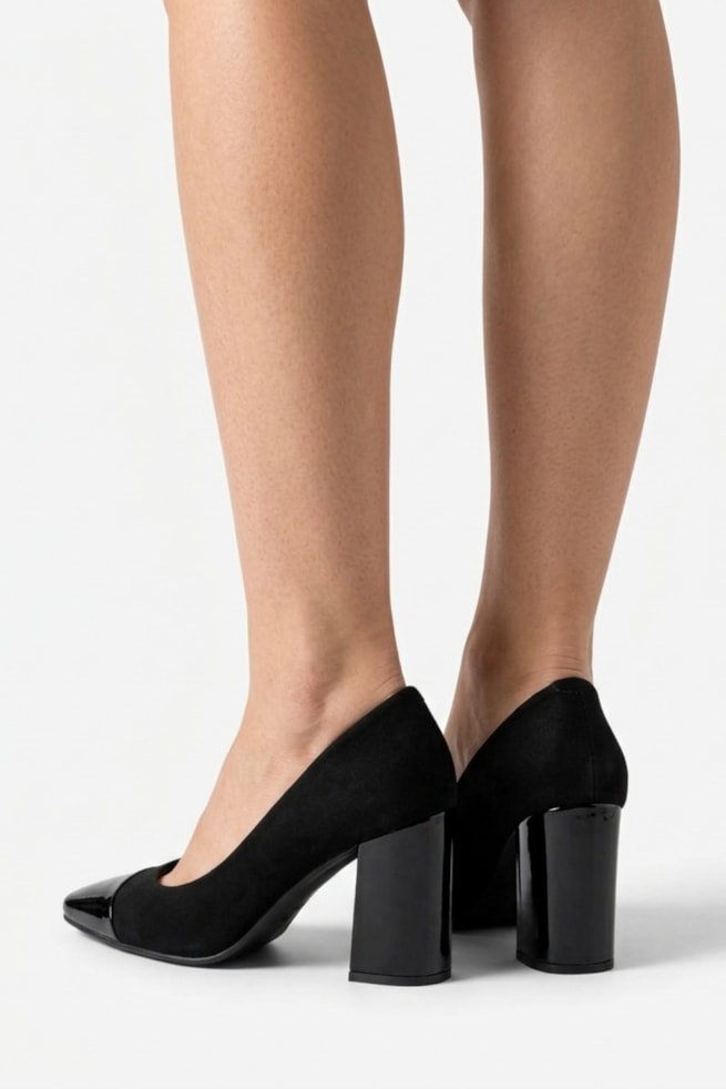 Estela - Scarpin Nobuck Salto Bloco Verniz Preto