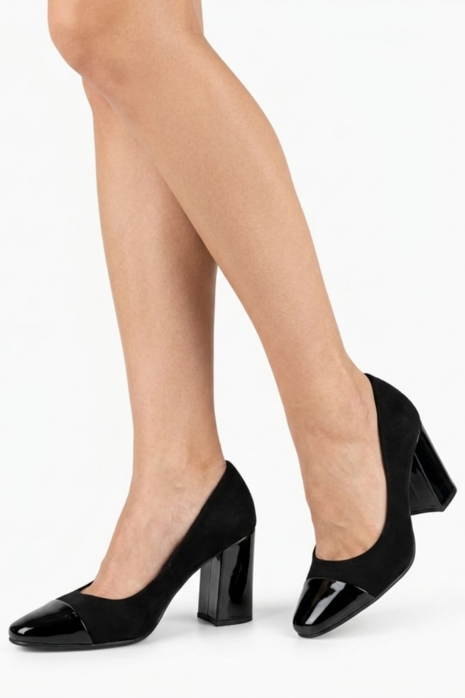 Estela - Scarpin Nobuck Salto Bloco Verniz Preto