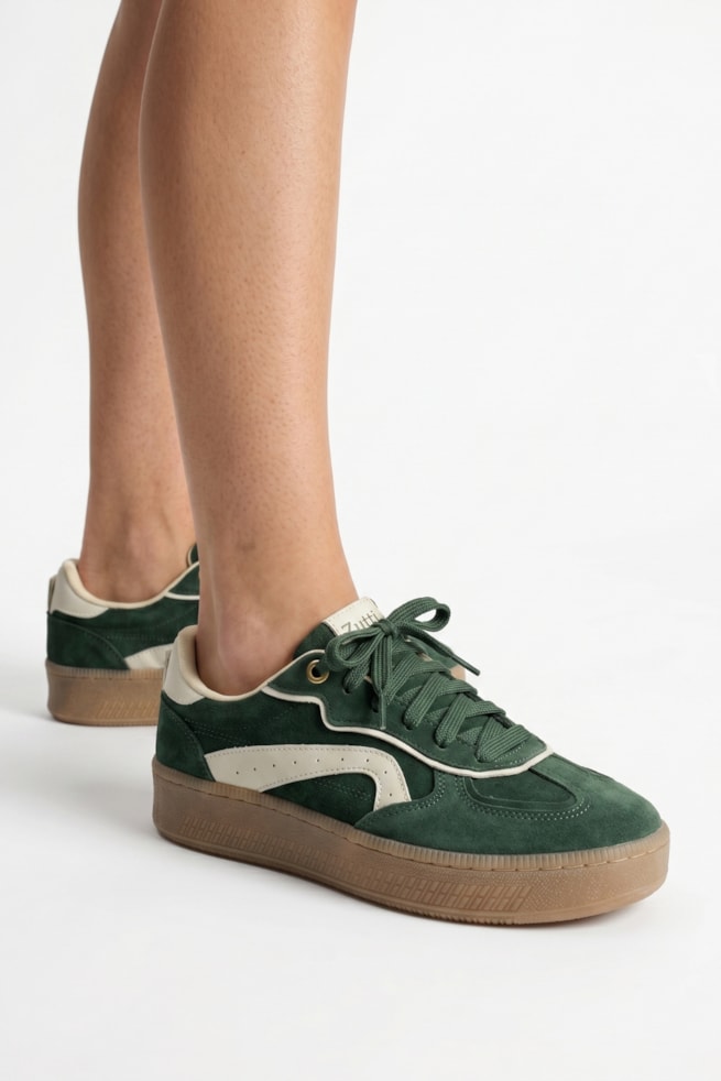 Helena - Tênis Camurça Verde com Recortes Off White