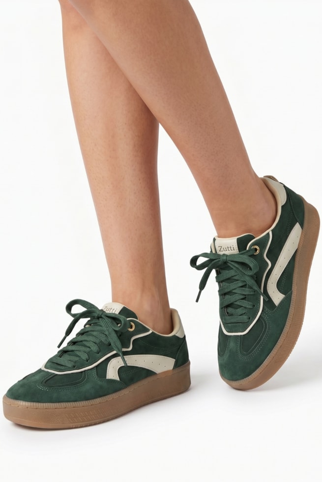 Helena - Tênis Camurça Verde com Recortes Off White