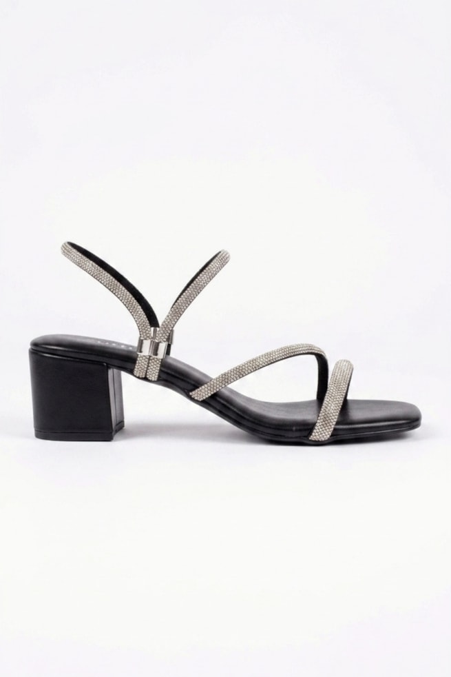 Juliana - Sandália Salto Bloco Strass Preto