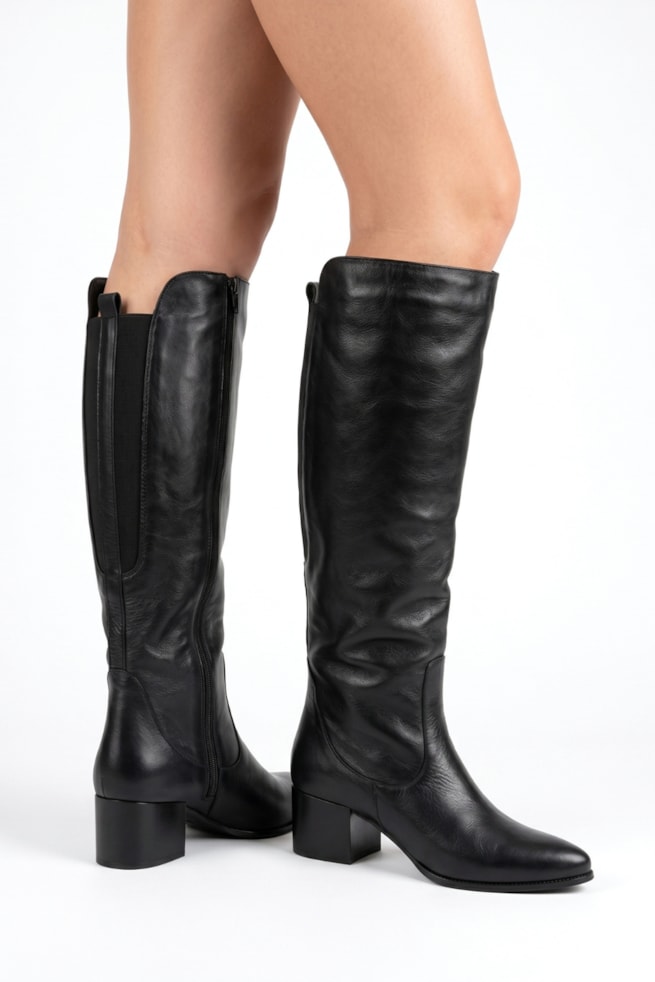 Kate - Bota Couro Montaria Cano Longo Salto Bloco Preto