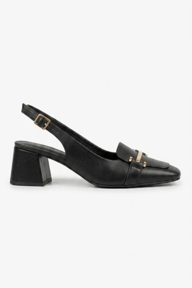 Laura - Slingback Couro Salto Bloco Preto