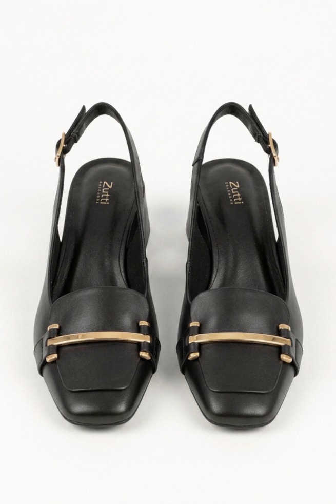 Laura - Slingback Couro Salto Bloco Preto