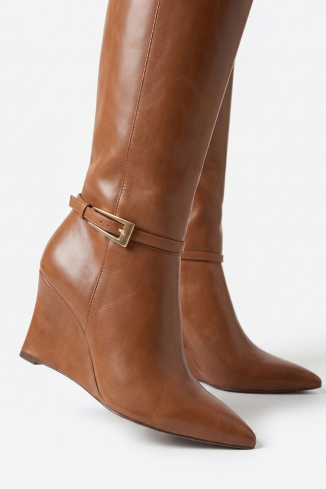 Lauren - Bota Anabela Couro Cano Longo Caramelo