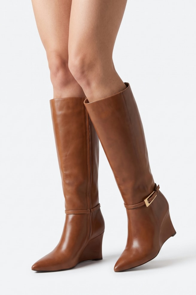 Lauren - Bota Anabela Couro Cano Longo Caramelo
