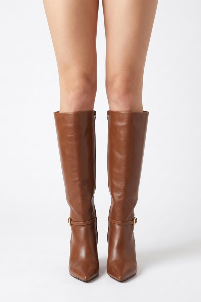 Lauren - Bota Anabela Couro Cano Longo Caramelo