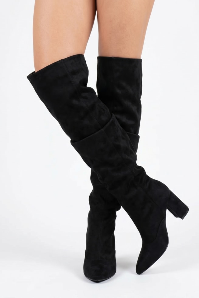 Nina - Bota Over The Knee Cano Alto Suede Salto Bloco Preto