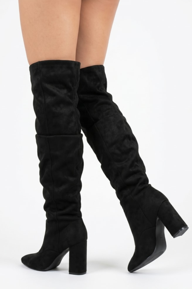 Nina - Bota Over The Knee Cano Alto Suede Salto Bloco Preto