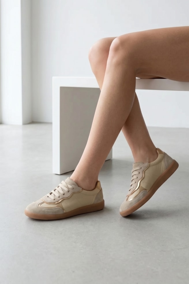 Suri - Tênis Slip On Couro Areia com Recortes Dourado