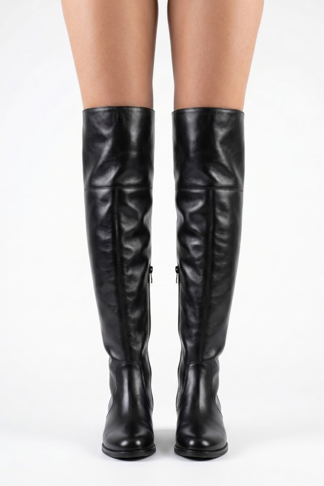 Viviane - Bota Cano Longo Over The Knee 2 em 1 Couro Salto Baixo Preto