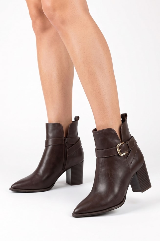 Yasmin - Bota Ankle Couro Salto Bloco Cano Curto Marrom