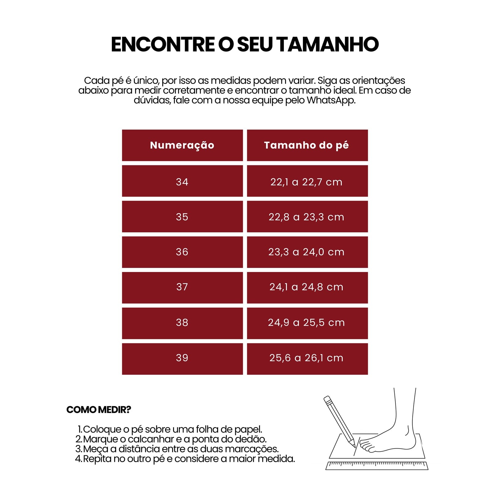 Tabela do guia de tamanhos Zutti